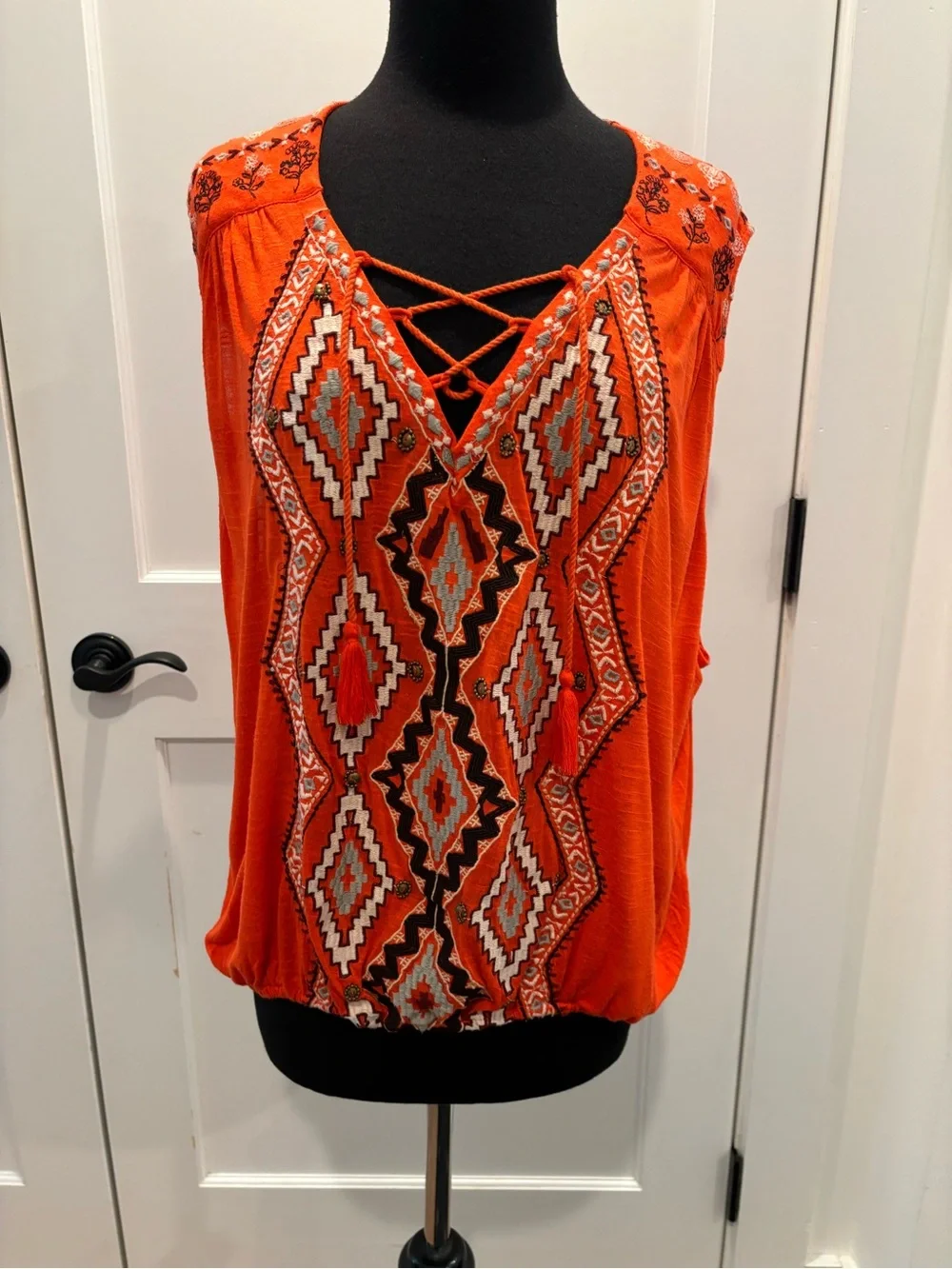 Free People Embroidered Bohemian Tassel Sleeveless Top Open Back Orange Women M
